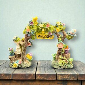 Vintage Easter Resin Welcome Arch With Bunny Eggs & Flowers Hand-Painted Decorat